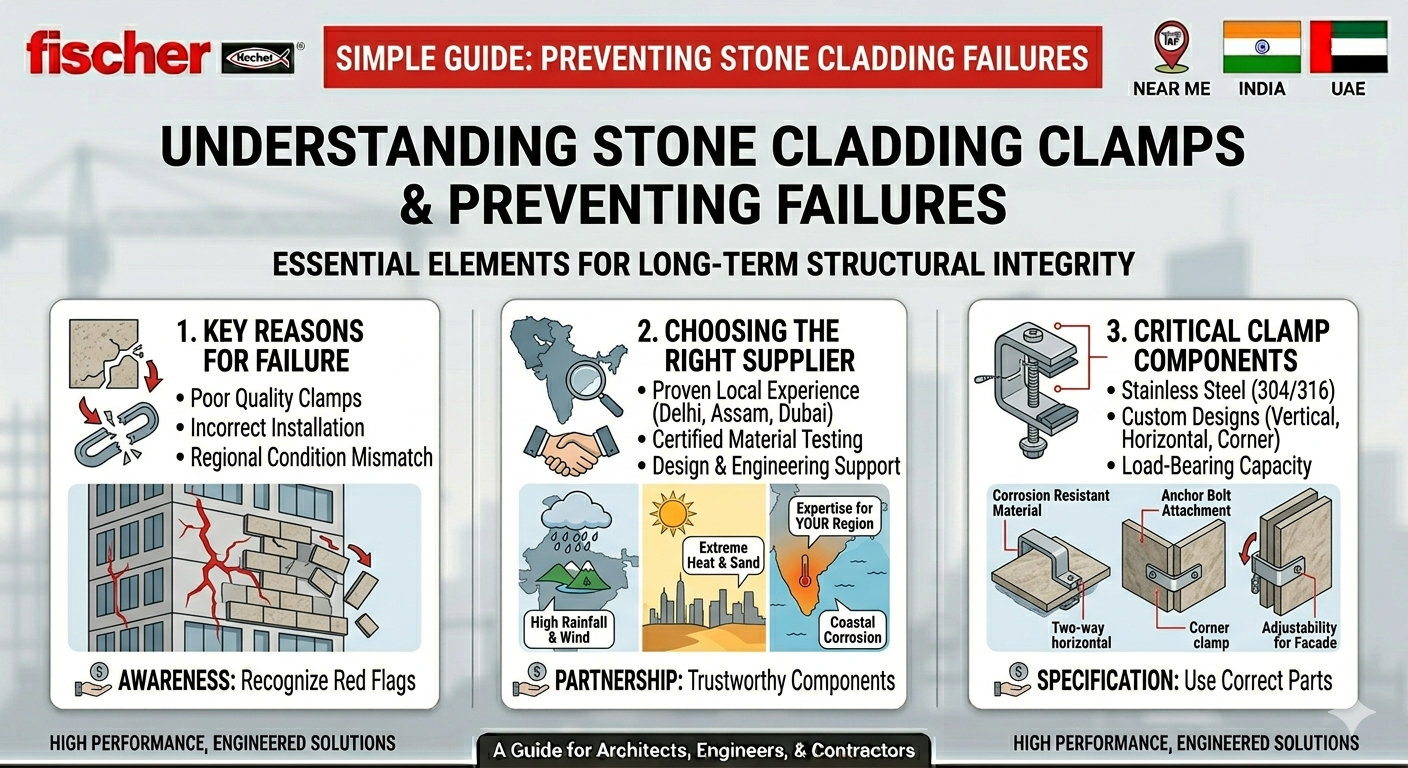 Read more about the article Stone Cladding Clamp Supplier in Delhi, Assam & Dubai – Why Cladding Fails on Buildings